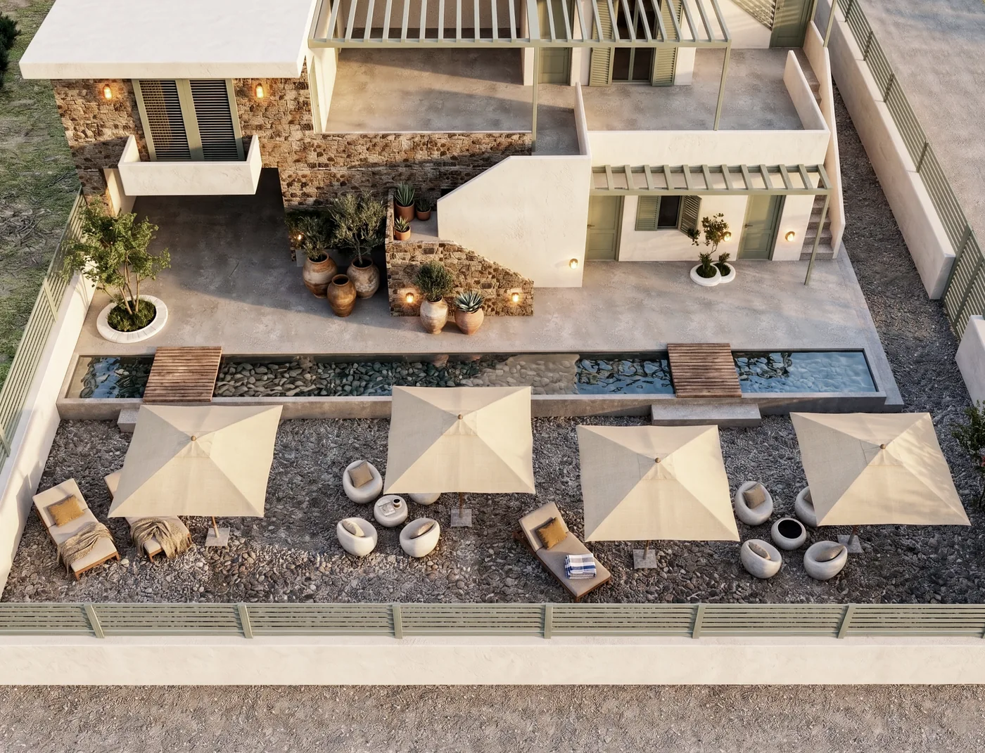The planted front yard and seating area
